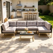 Patio Outdoor Furniture Sets, 7 Pieces All-Weather Rattan Sectional Sofa with Tea Table and Cushions, PE Rattan Wicker Sofa Couch Conversation Set for Garden Backyard Poolside