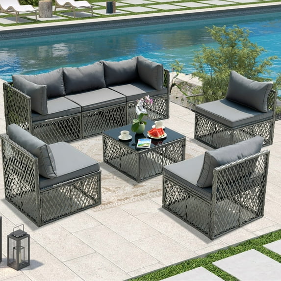 Patio Outdoor Furniture Sets, 7 Pieces All-Weather Rattan Sectional Sofa with Tea Table and Cushions, PE Rattan Wicker Sofa Couch Conversation Set for Garden, Backyard, Poolside