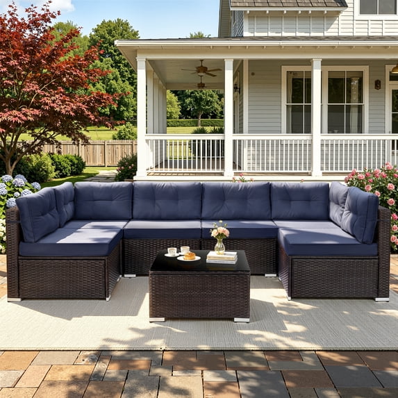 Patio Outdoor Furniture Sets, 7 Pieces All-Weather Rattan Sectional Sofa with Tea Table & Cushions, PE Rattan Wicker Sofa Couch Conversation Set for Garden Backyard Poolside