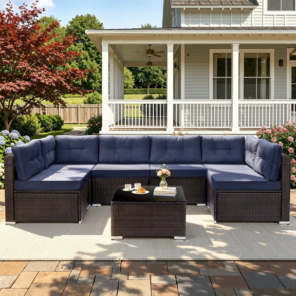 Patio Outdoor Furniture Sets, 7 Pieces All-Weather Rattan Sectional Sofa with Tea Table & Cushions, PE Rattan Wicker Sofa Couch Conversation Set for Garden Backyard Poolside