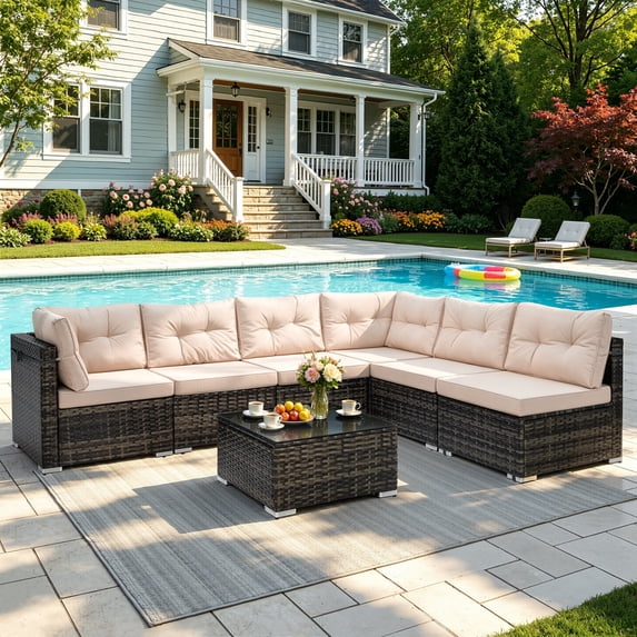 Patio Outdoor Furniture Sets, 7 Pieces All-Weather Rattan Sectional Sofa with Tea Table & Cushions, PE Rattan Wicker Sofa Couch Conversation Set for Garden Backyard Poolside