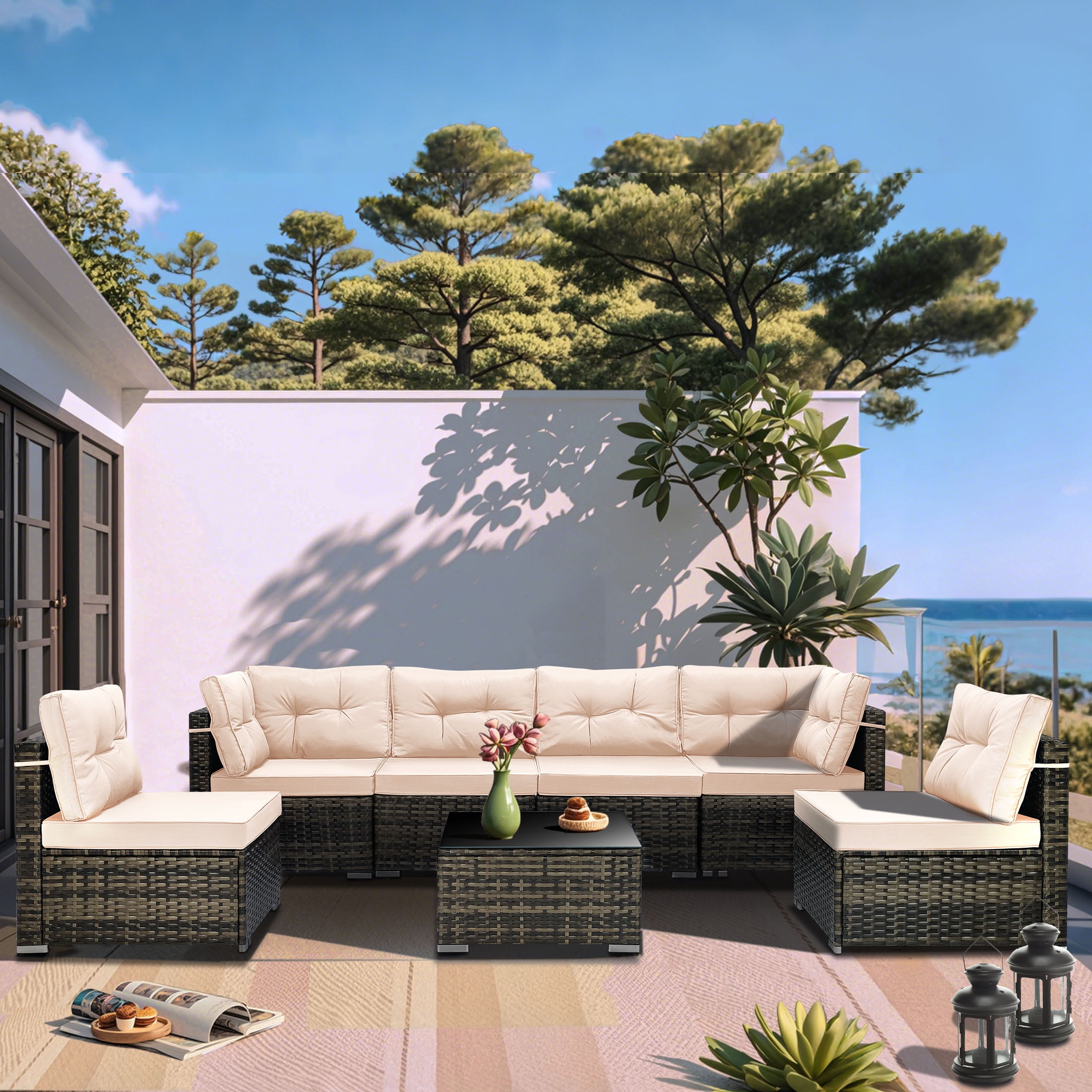 Segmart 7-Piece Rattan Outdoor Sofa Set with Tea Table & Cushions, All ...