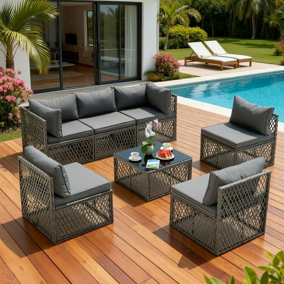 Patio Outdoor Furniture Sets, 7 Pieces All-Weather Rattan Sectional Sofa with Tea Table & Cushions, PE Rattan Wicker Sofa Couch Conversation Set for Garden Backyard Poolside