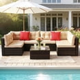 thumbnail image 1 of Patio Outdoor Furniture Sets, 7 Pieces All-Weather Rattan Sectional Sofa with Tea Table & Cushions, PE Rattan Wicker Sofa Couch Conversation Set for Garden Backyard Poolside, 1 of 9