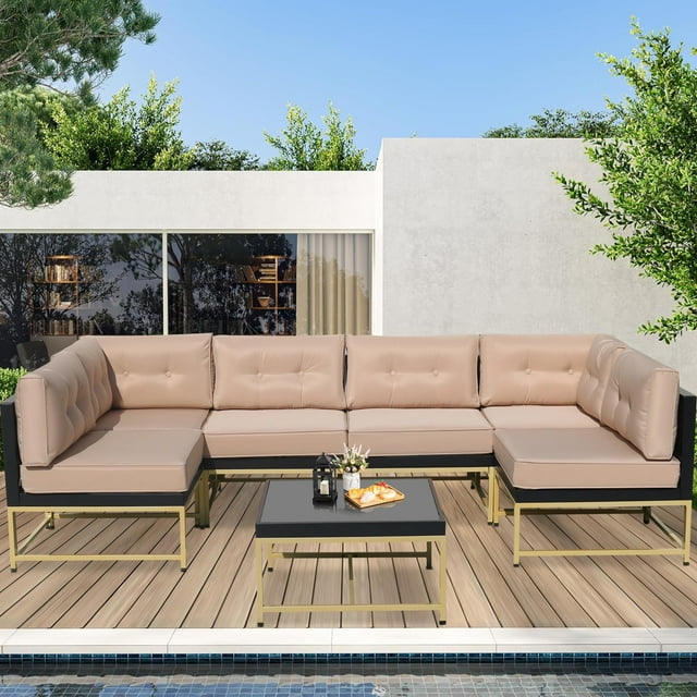 Patio Outdoor Furniture Sets, 7 Pieces All-Weather Rattan Sectional Sofa with Tea Table and Cushions, PE Rattan Wicker Sofa Couch Conversation Set for Garden Backyard Poolside