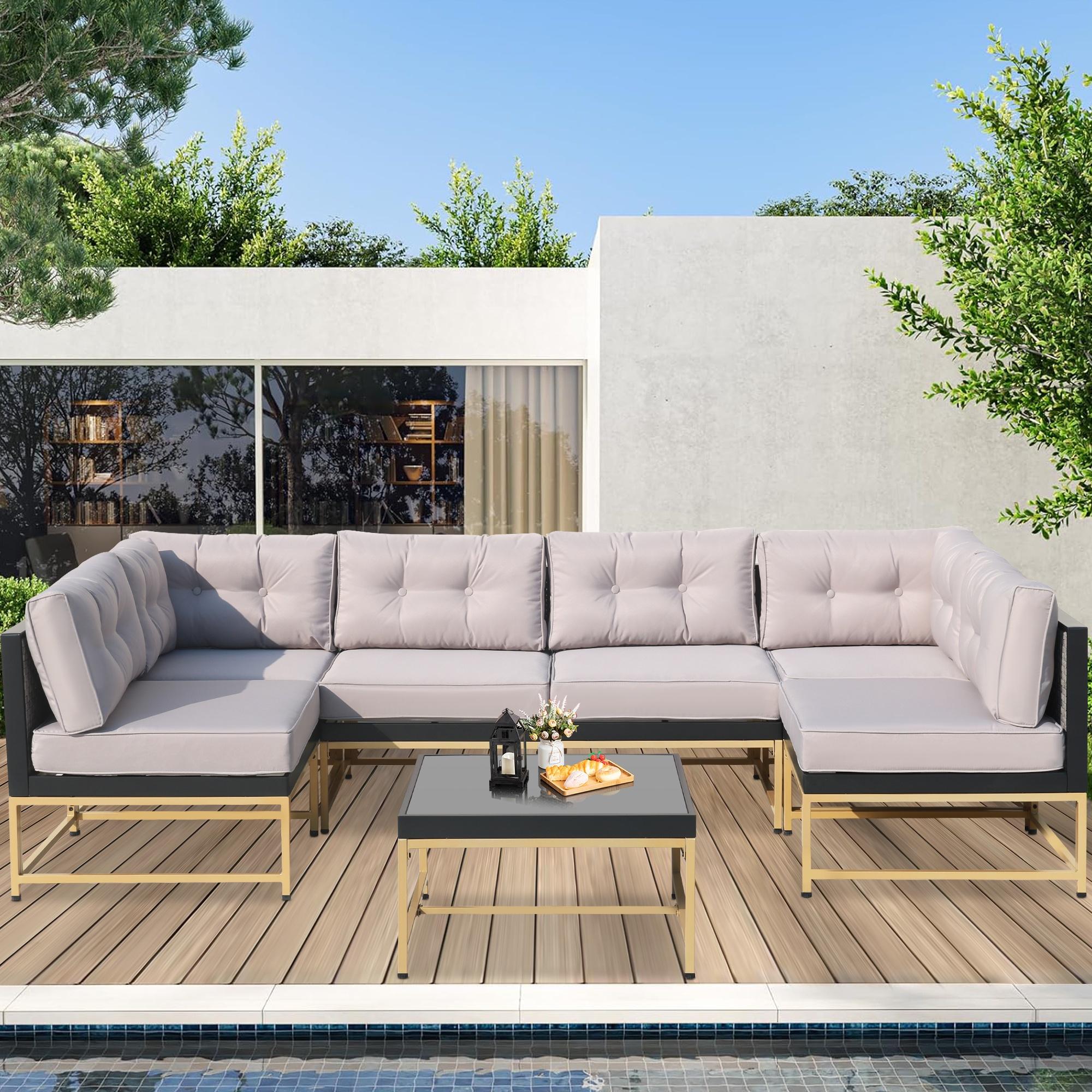 Patio Outdoor Furniture Sets, 7 Pieces All-Weather Rattan Sectional Sofa with Tea Table and Cushions, PE Rattan Wicker Sofa Couch Conversation Set for Garden Backyard Poolside - image 1 of 11