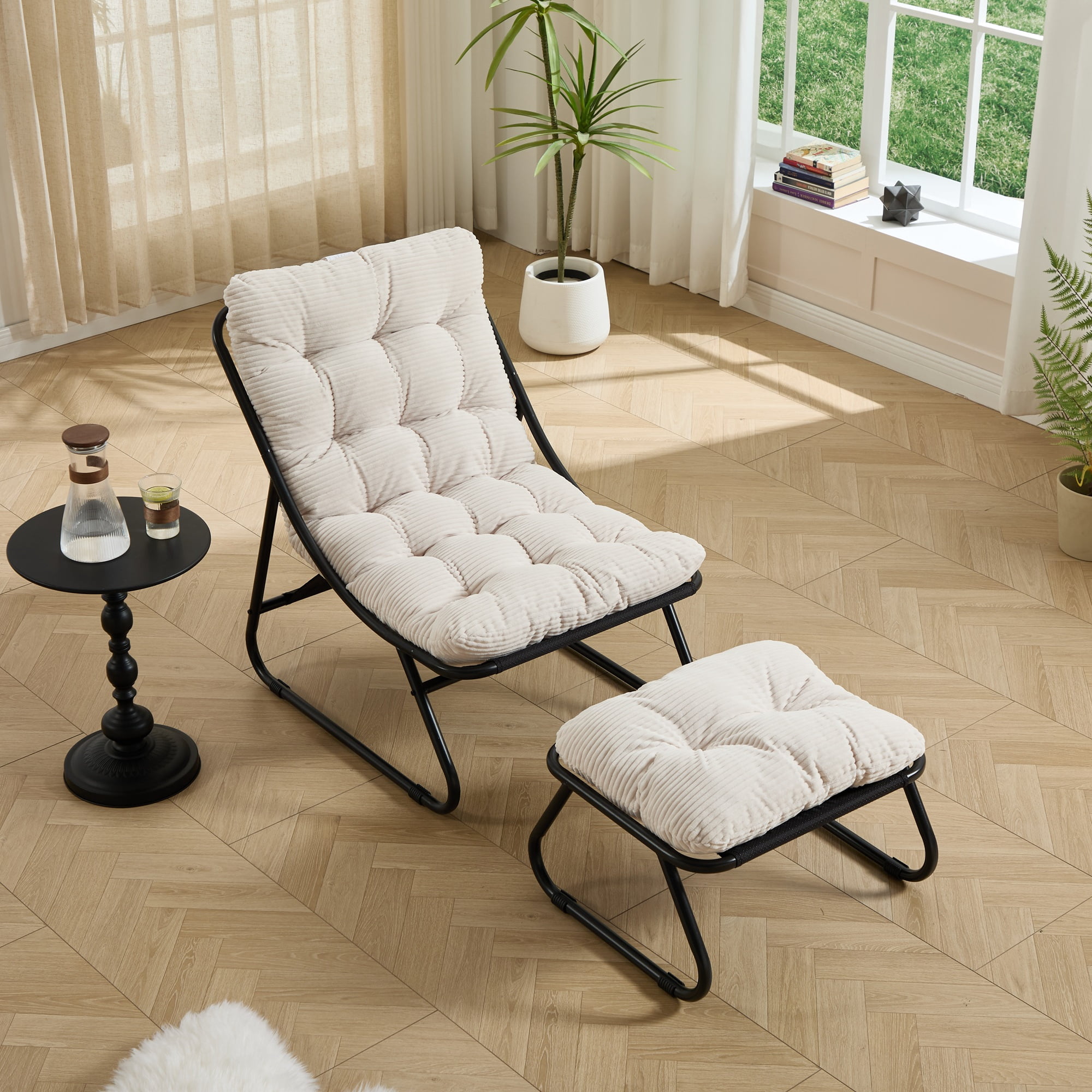Patio Outdoor Lounge Chair with Ottoman, Comfy Sling Recliner Chair with Puffy Cushion and Foot Stool, Ideal for Living Room, Bedroom, Reading Room