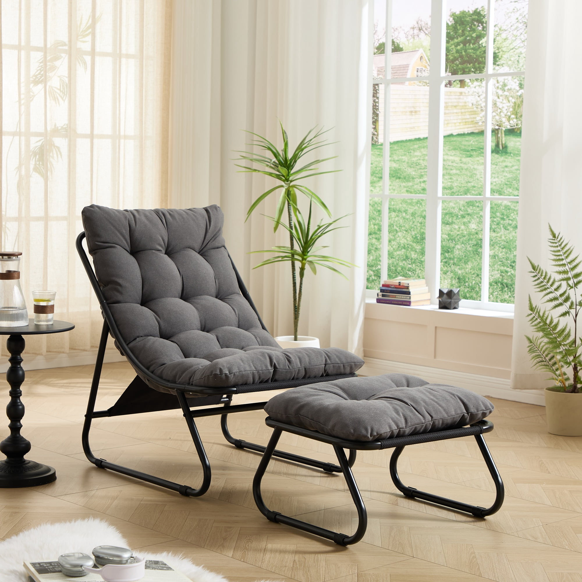 Patio Outdoor Lounge Chair with Ottoman, Comfy Sling Recliner Chair with Puffy Cushion and Foot Stool, Ideal for Living Room, Bedroom, Reading Room