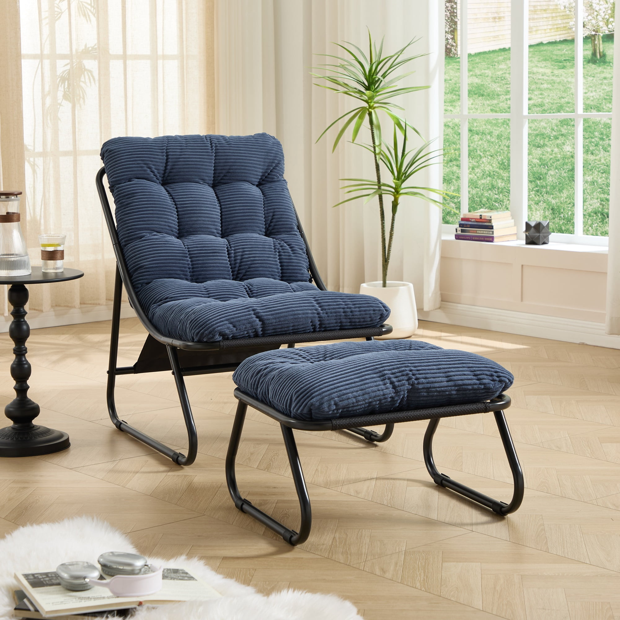 Patio Outdoor Lounge Chair with Ottoman, Comfy Sling Recliner Chair with Puffy Cushion and Foot Stool, Ideal for Living Room, Bedroom, Reading Room