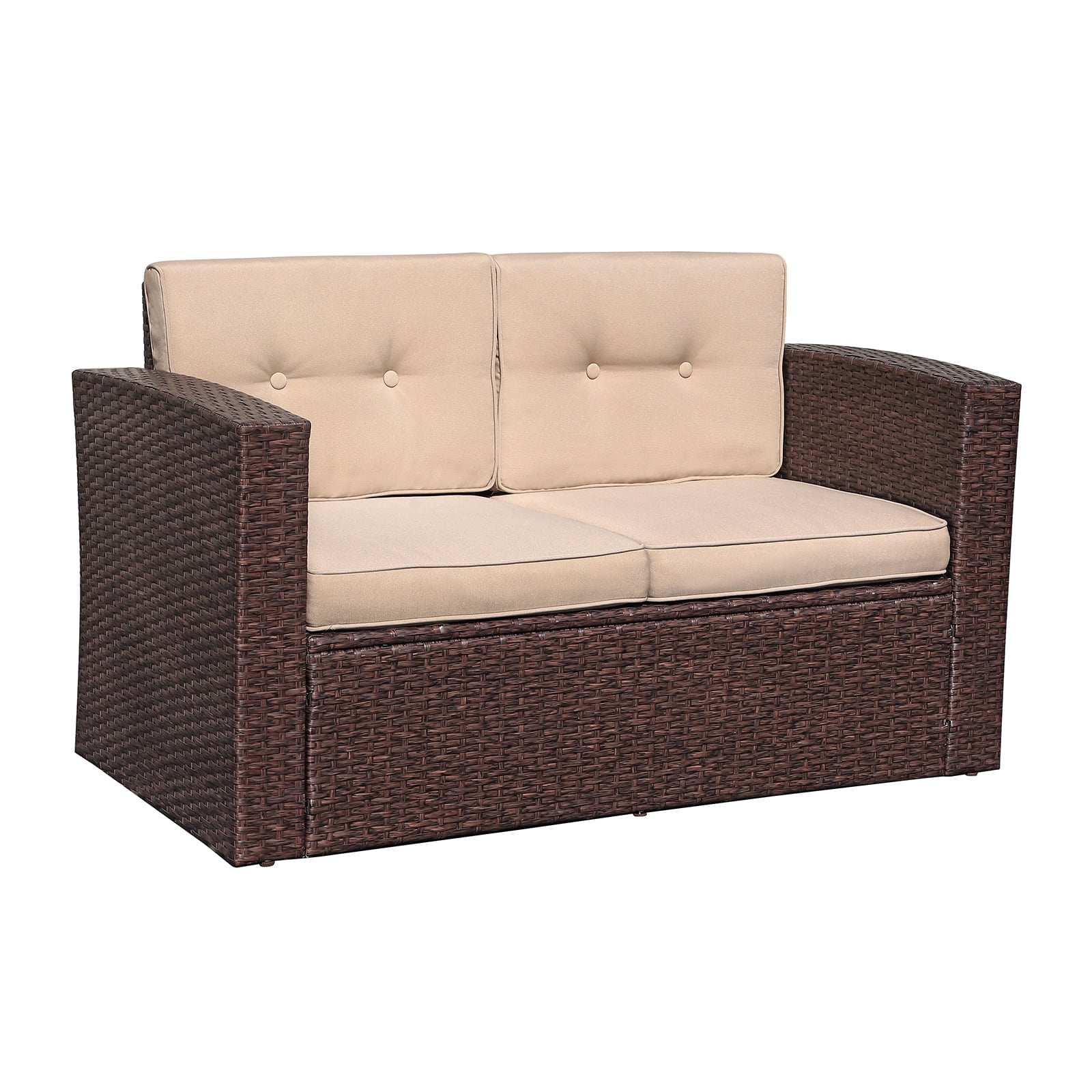 Patio Outdoor Loveseat, All Weather Wicker Rattan Furniture Sofa Corner Chair with Beige Cushions, Additional Seats for Sectional Sofa Set, Espresso Brown