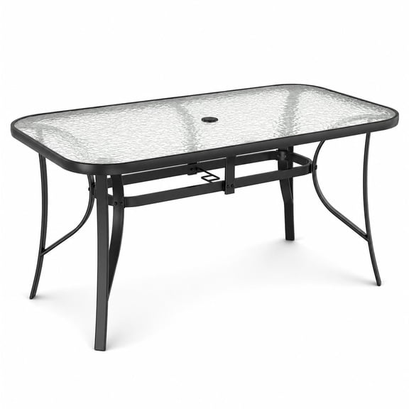 Patio Outdoor Table W/ 1.69 Umbrella Hole, 30"X 55" Rectangular Tempered Glass Patio Dining Table for 6, Outdoor Metal Furniture, All-Weather Use, for Patio, Graden, Backyard (Black)