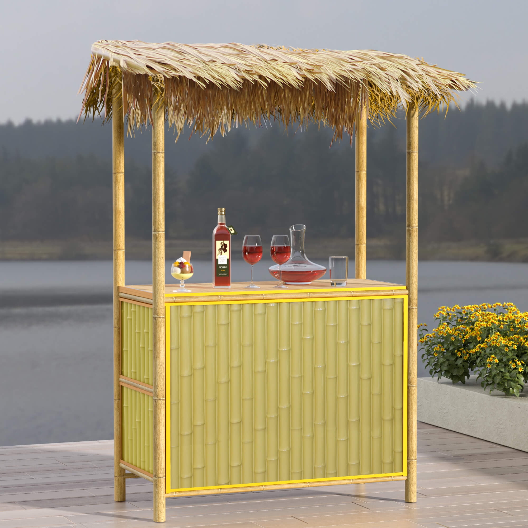 Hotsoul Metal Counter Tiki Simulated Bamboo Set Patio Outdoor Bar