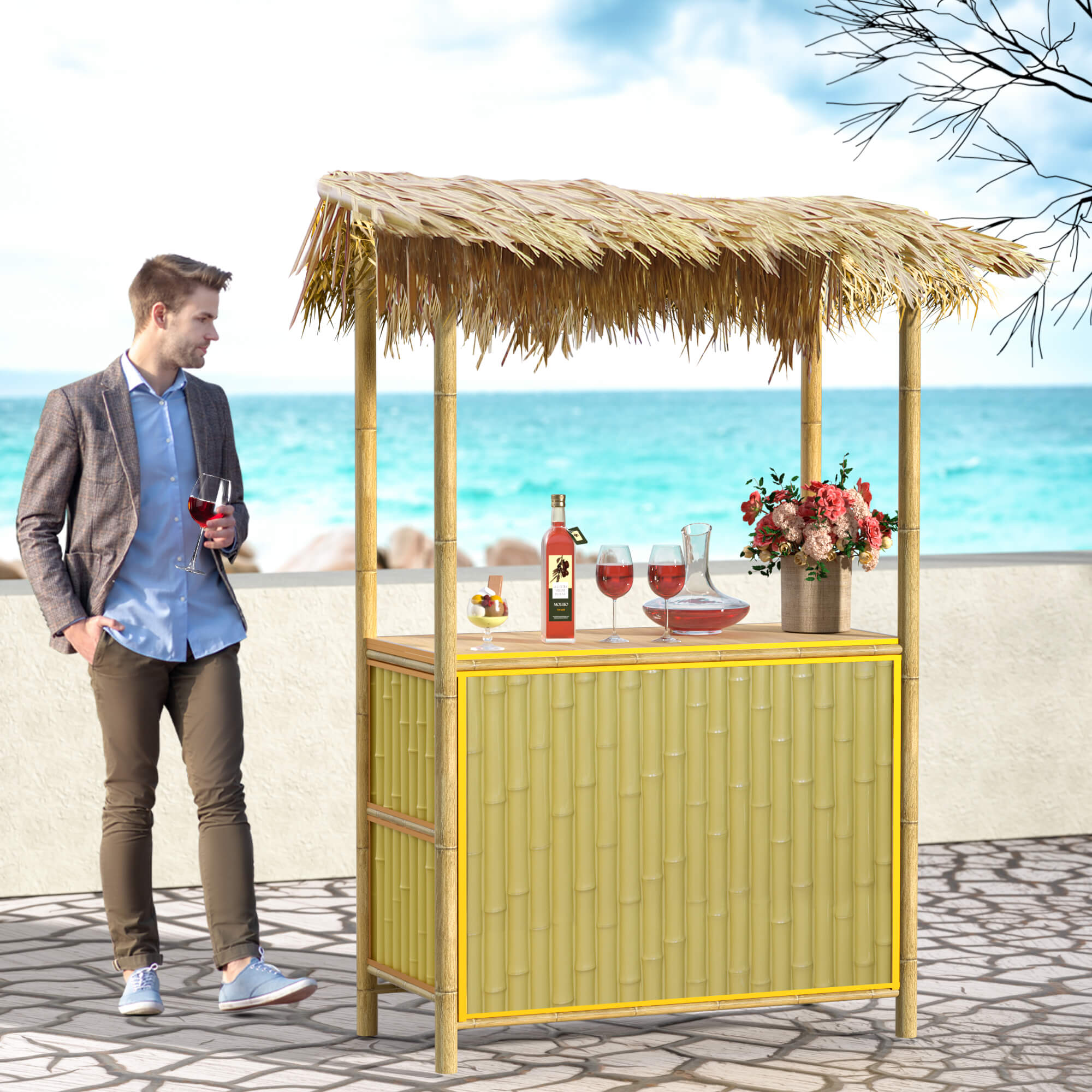Patio Outdoor Tiki Bar Metal Bar Counter with Simulated Bamboo Palapa Top and Storage Space for Garden Walmart
