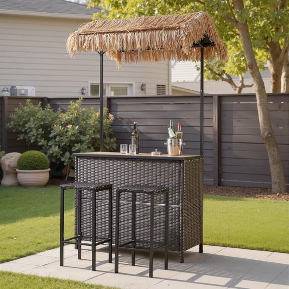Patio Outdoor Tiki Bar Set, 3-Piece Wicker Islander Tiki Bar and Stools Storage for Garden, Natural