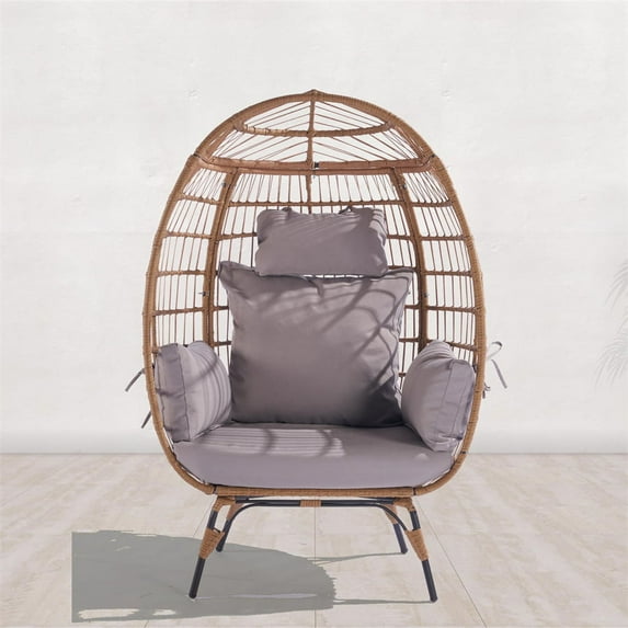Patio PE Rattan Egg Chair, Outdoor Indoor Oversized Lounger with Waterproof Cushion and Sturdy Frame, Egg Basket Chair for Patio, Backyard, Living Room, Light Gray