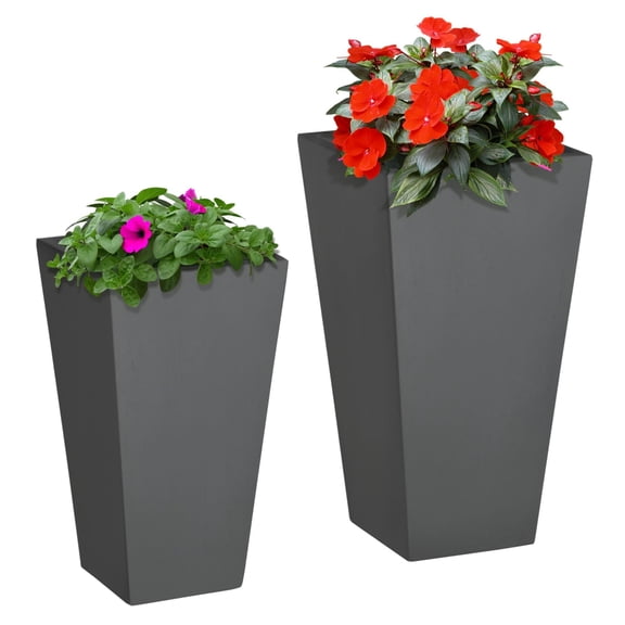 Patio Planters 2-Piece Set, MgO Flower Pots with Drainage - Outdoor Plant Containers for Garden, Porch, Deck - Lightweight, Stackable, Modern Gray
