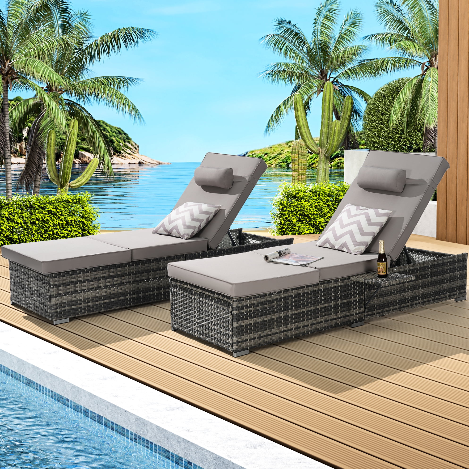 Patio Poolside Chaise Lounge Of 2 - Adjustable , Storage, High , Steel ...