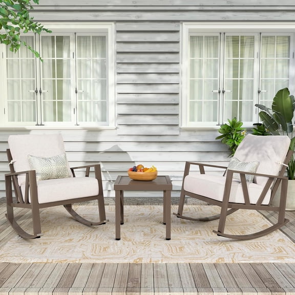 Patio Porch Furniture Set, Outdoor Rocking Chairs Set of 2 with Coffee Table, 3 Piece Metal Outdoor Patio Bistro Conversation Set, Beige