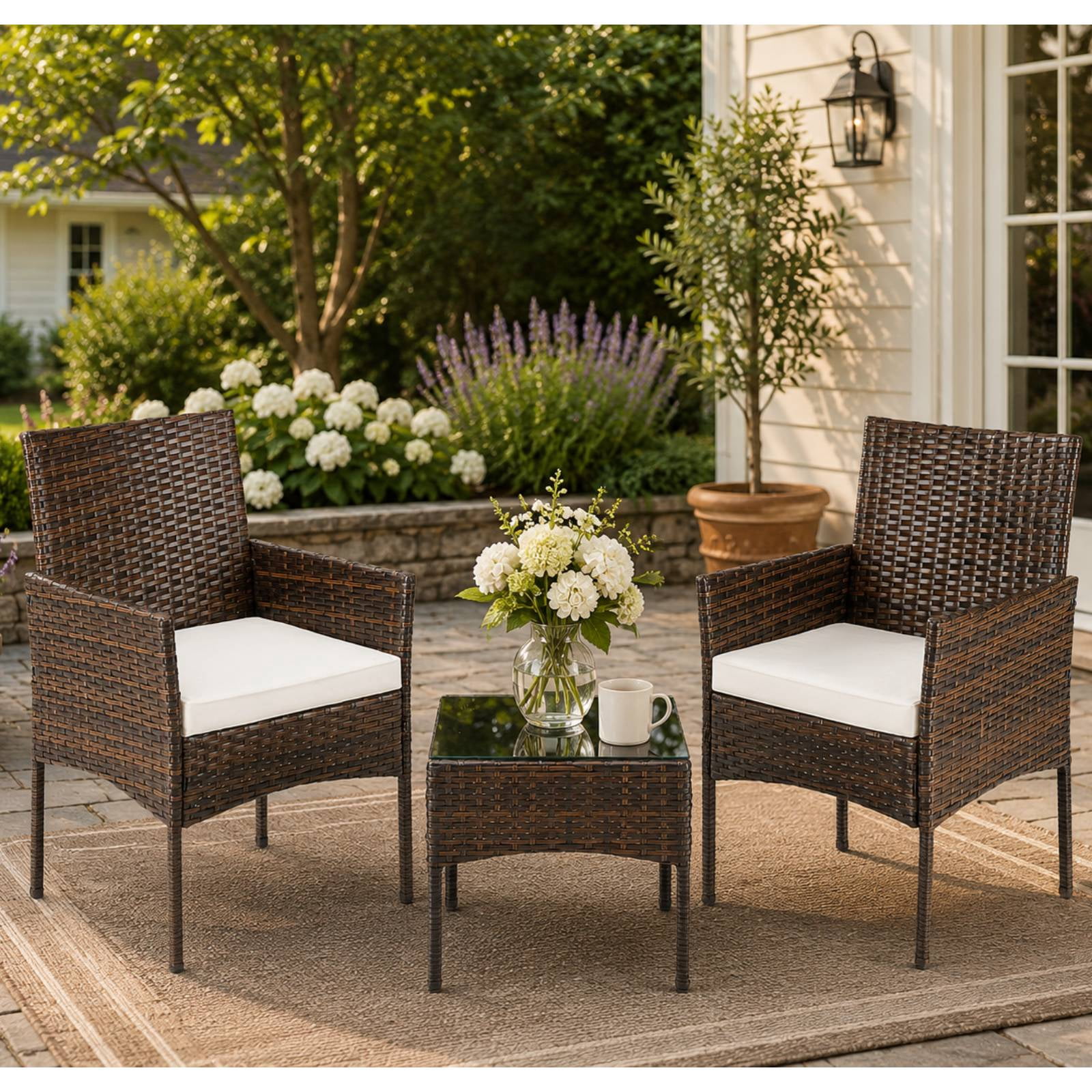 Patio Porch Furniture Sets 3 Pieces PE Rattan Wicker Chairs with Table Outdoor Garden Conversation Set with Removable Cushions, Brown