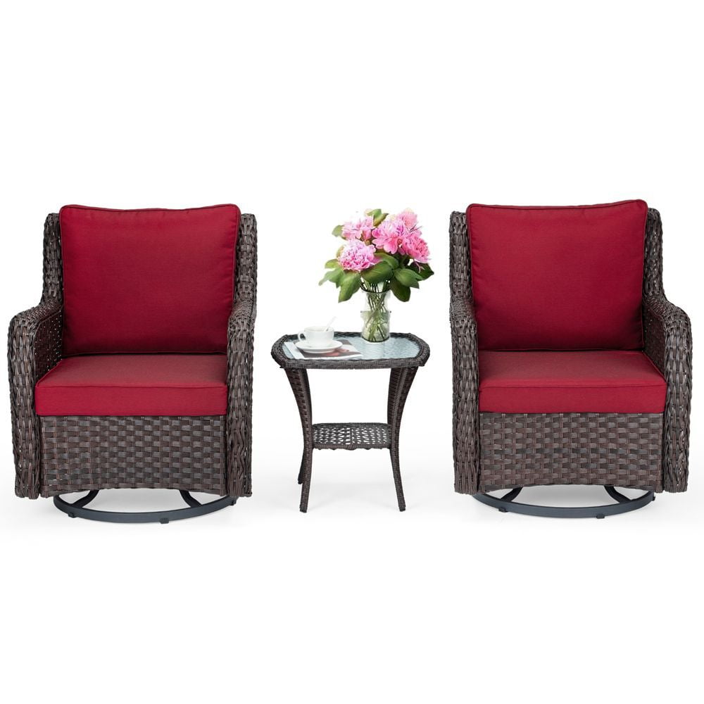 Patio Porch Furniture Sets Clearance 3 Pieces Outdoor Wicker Swivel Patio Chairs Set Red Wicker Rattan