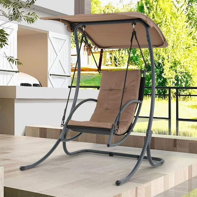 Patio Porch Swing Chair with Canopy, Outdoor Hanging Curved Steel