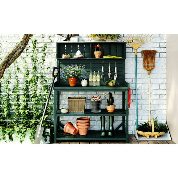 Patio Potting Table With 4 Shelves And Side Hook, Forest 65" High Wooden Bench Splash Plate For Gardening,