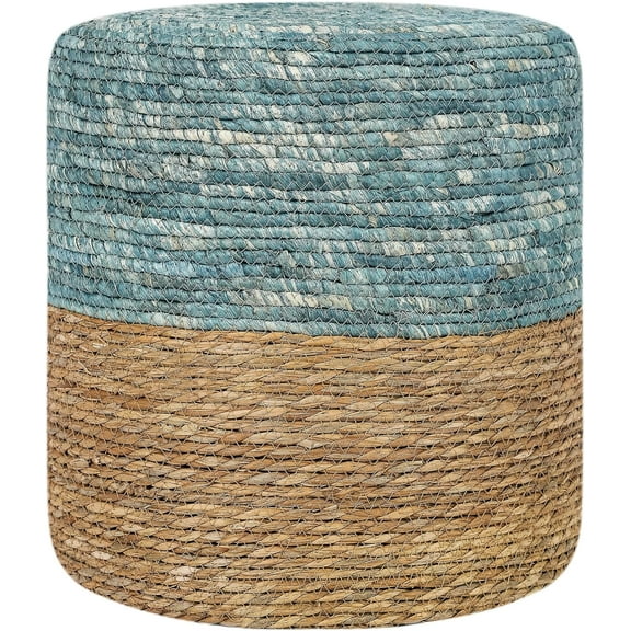 Patio Pouf Ottoman, Hand Woven Straw Rattan Indoor Outdoor Footstool, Boho Round Poufs Footrest Floor Chair Decorative Seat for Living Room, Bedroom, Porch (Indigo and Brown 15.9")