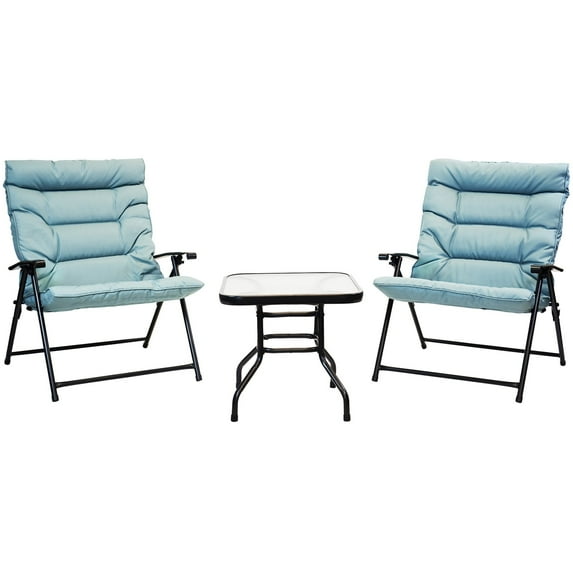 Patio Premier 3pc Folding Set with Cushions, Black Frame, Aqua Cushions