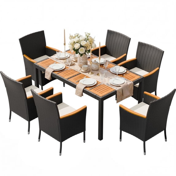Patio Prestige 7-Piece Acacia Wood Outdoor Dining Sets, Patio Dining Table and PE Rattan Wicker Chairs with Removable Cushions, Black