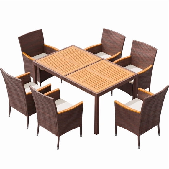 Patio Prestige 7-Piece Acacia Wood Outdoor Dining Sets, Patio Dining Table and PE Rattan Wicker Chairs with Removable Cushions, Brown