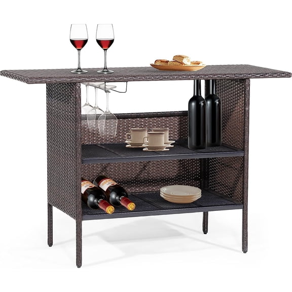 Patio Rattan Bar Table, Outdoor Rattan Wicker Bar Counter Table with 2-Tier Metal Shelf & Steel Stemware Rack, Heavy-Duty Steel Frame, Waterproof Brown Rattan Table for Poolside, Backyard