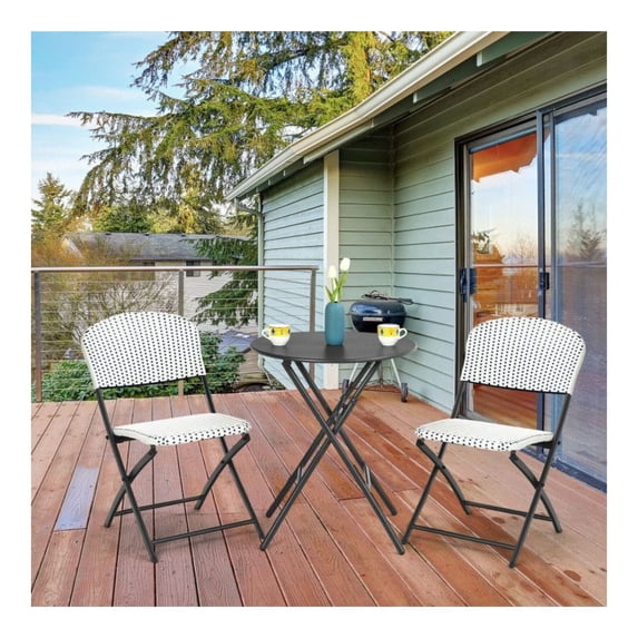 Patio Rattan Bistro Set - 3 Piece Outdoor Dining Set with Table & 2 Chairs - Folding PE Rattan Furniture for Garden, Balcony, Poolside - Black Frame, White/Blue