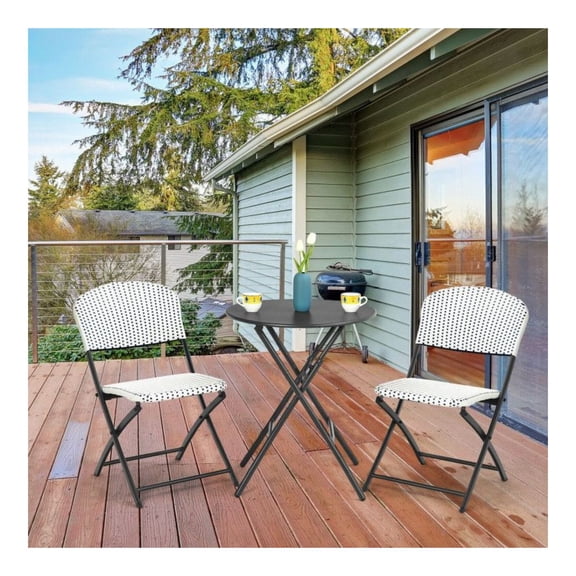 Patio Rattan Bistro Set - 3 Piece Outdoor Dining Set with Table & 2 Chairs - Folding PE Rattan Furniture for Garden, Balcony, Poolside - Black Frame, White/Blue