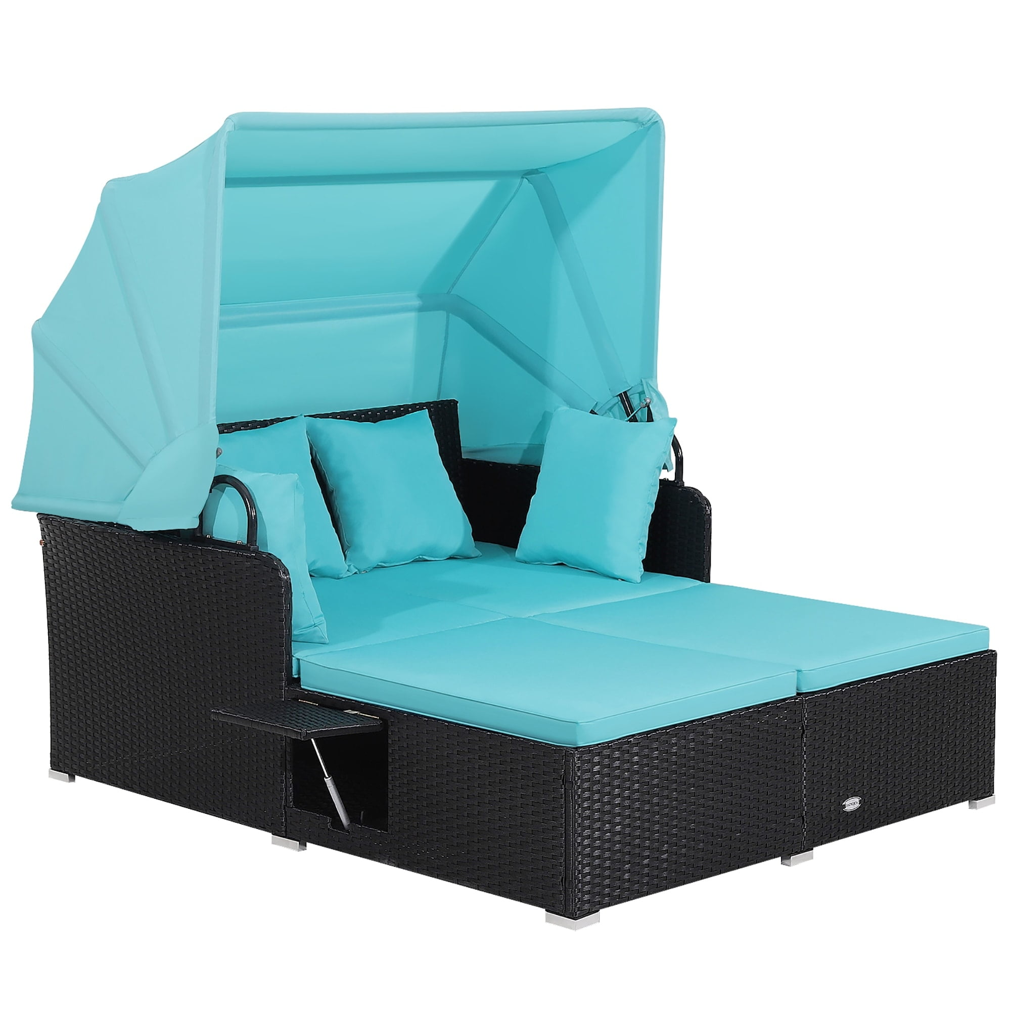 Turquoise Outdoor PE Wicker Daybed with Retractable Canopy and Cushions
