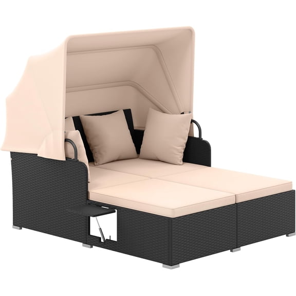 Patio Rattan Daybed with Retractable Canopy, Outdoor Wicker Sunbed Lounger with 2 Foldable Side Tables, Thick Seat & Back Cushions, Outside Double Daybed for Garden, Backyard, Porch