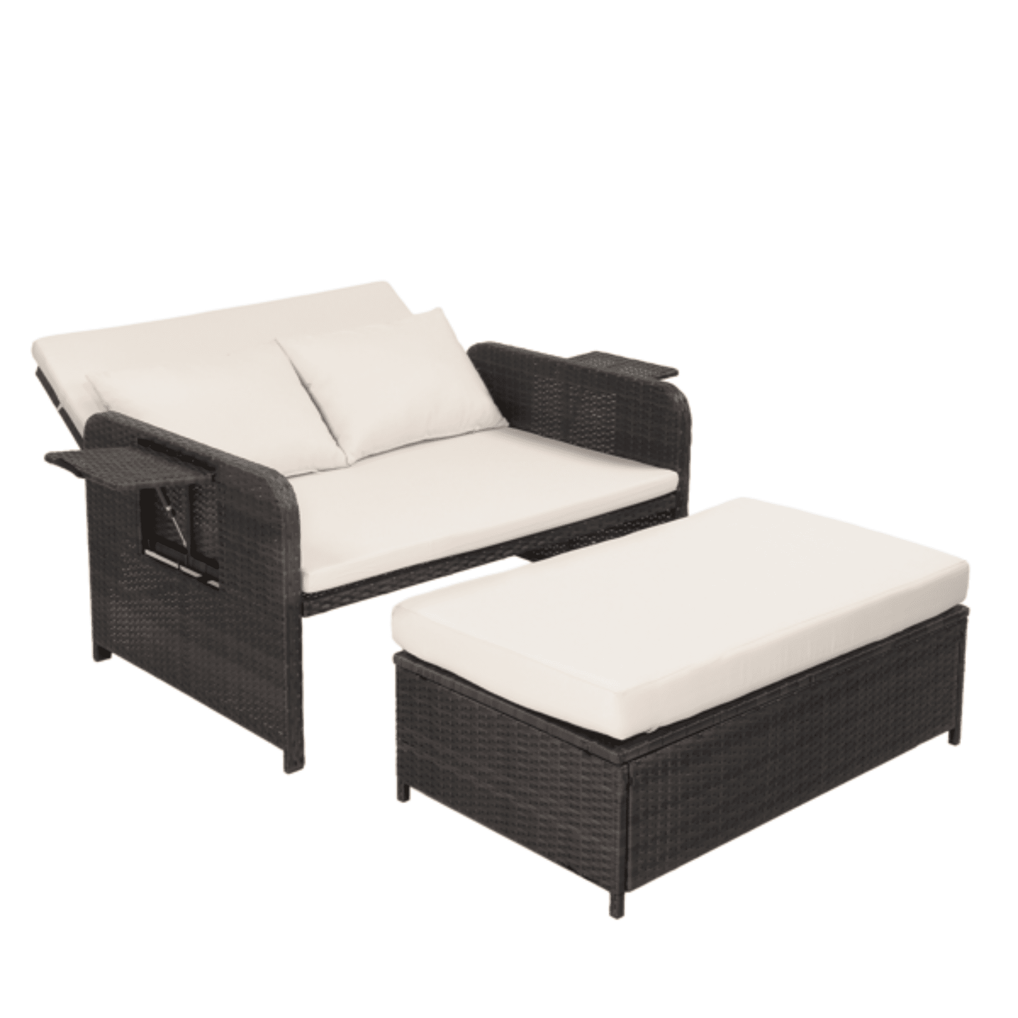 Patio Rattan Daybed Set, 2-in-1 Wicker Loveseat Sofa with Multipurpose Ottoman & Retractable Side Tray, 5-Level Adjustable Backrest, Footstool with Storage, Seat & Back Cushion Included, Brown