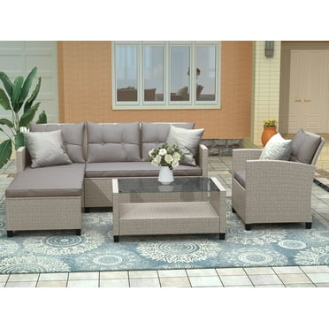 Patio Rattan Furniture Set, SYNGAR 4 Pieces Outdoor Sectional Sofa Set, PE Wicker Conversation Set, Cushioned Sofa Set with Glass Coffee Table, for Poolside, Backyard, Garden, Deck, Beige Brown, D6082
