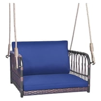 Patio Rattan Porch Swing,Single Person Hanging Seat with Seat & Back Cushions,Heavy-Duty Metal Frame & 2 Sturdy Hanging Ropes,Wicker Woven Swing Chair for Front Porch,Backyard (Navy)