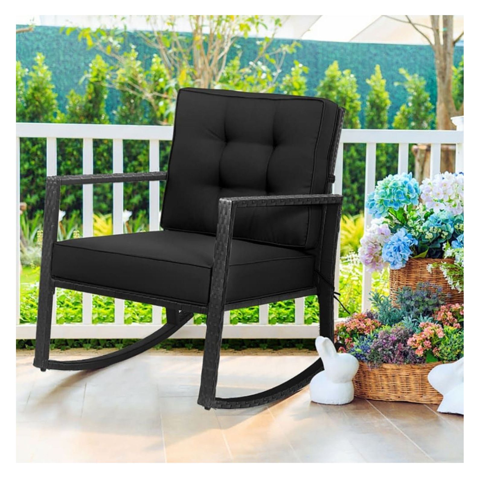 Patio Rattan Rocker Outdoor Glider Rocking Chair Cushion Lawn Black ...