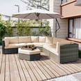 thumbnail image 1 of Patio Rattan Sofa Set, 6 Pieces Outdoor Sectional Furniture Set with Cushions and Small Trays, All-Weather PE Rattan Wicker Conversation Set for Patio Garden Poolside Deck, Beige, 1 of 10