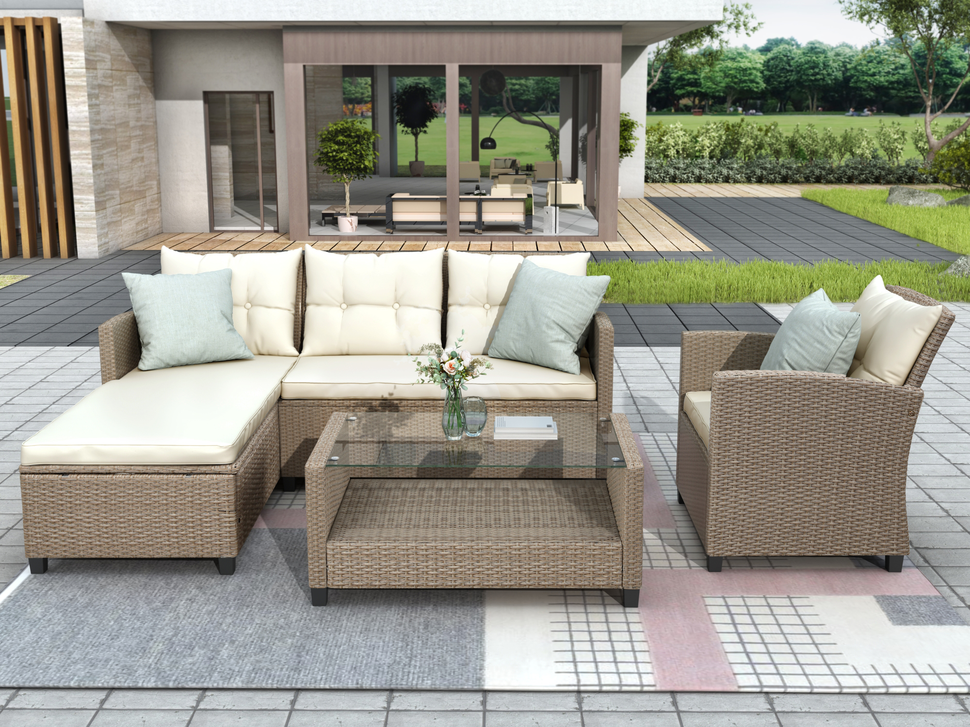 Patio Rattan Sofa Sets, YOFE 4 Piece Outdoor Patio Furniture Set, Wicker Deck Patio Furniture Dining Sets, Patio Sectional Sofa Sets with Beige Cushions, Outdoor Patio Set for Garden, Poolside, R1763 - image 1 of 7