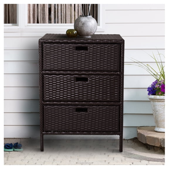 Patio Rattan Storage Cabinet - Outdoor Wicker Organizer with Drawers - Pool Towel Rack - Brown