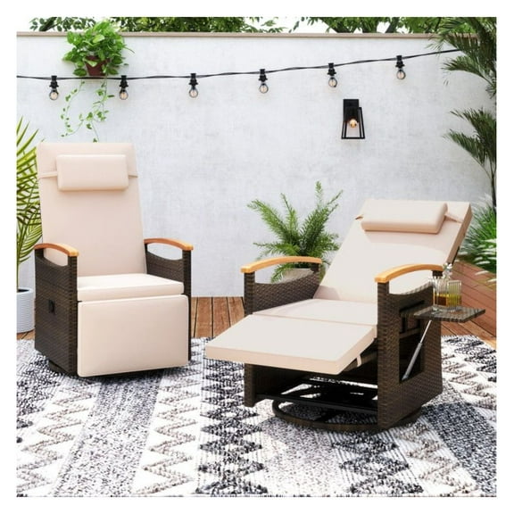 Patio Rattan Swivel Recliner Chair, 360° Adjustable Outdoor Wicker Chair with Footrest & Side Table, Mix Brown, Beige Cushion, Heavy Duty 400lbs Capacity for Backyard, Porch