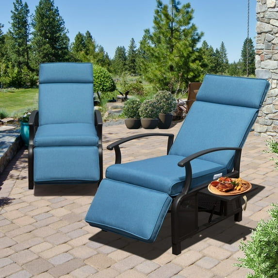 Patio Recliner Chair, Metal Outdoor Lounge Chair with Flip Table Push Back, Adjustable To 150 Degress, 6.8'' Removable Cushions, Support 350lbs(1 Set)