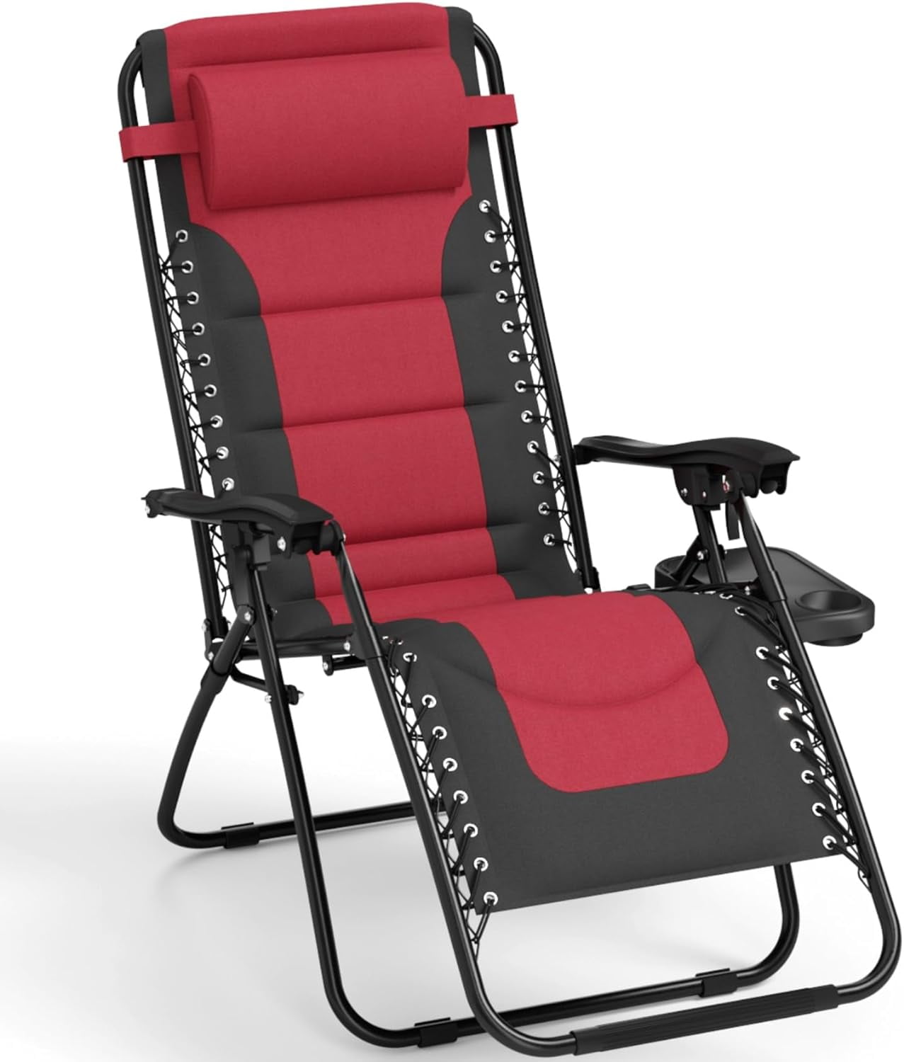 Patio Recliner Chair, Padded Folding Lawn Chair With Cup Holder Tray