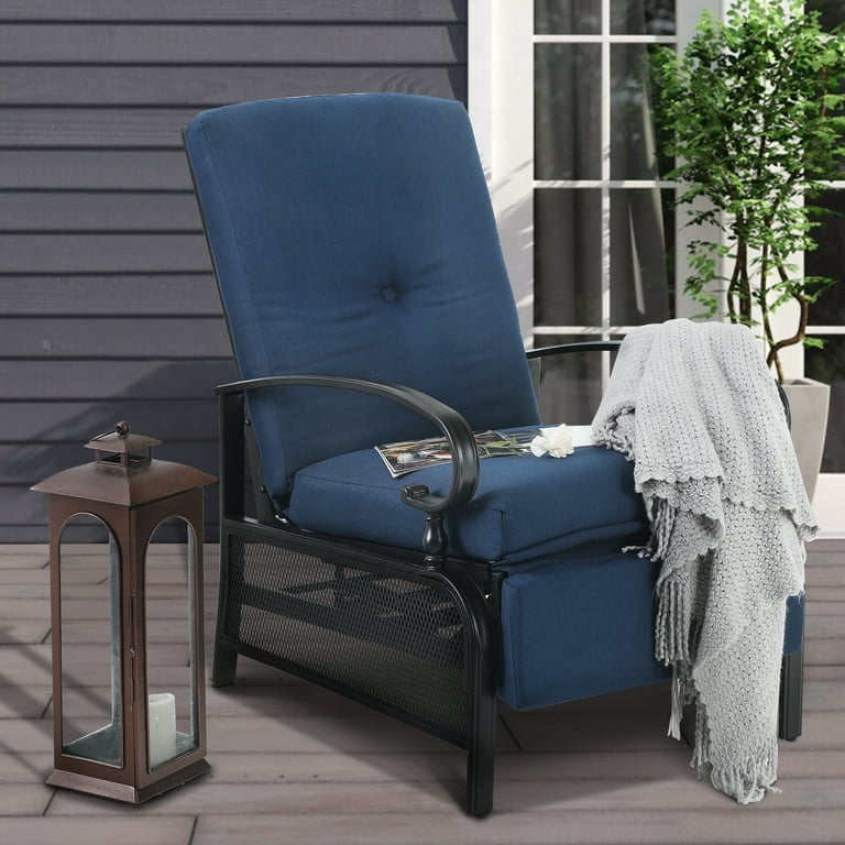 Patio Recliner Lounge Chair with Cushion, Navy Blue 