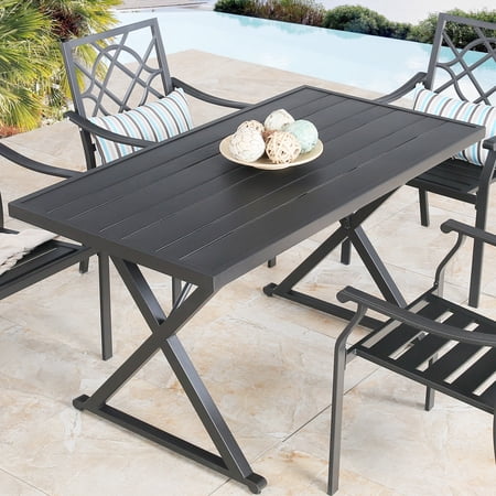 Patio Rectangle Dining Table with Umbrella Hole for Garden, Lawn, Deck Black Classic-2