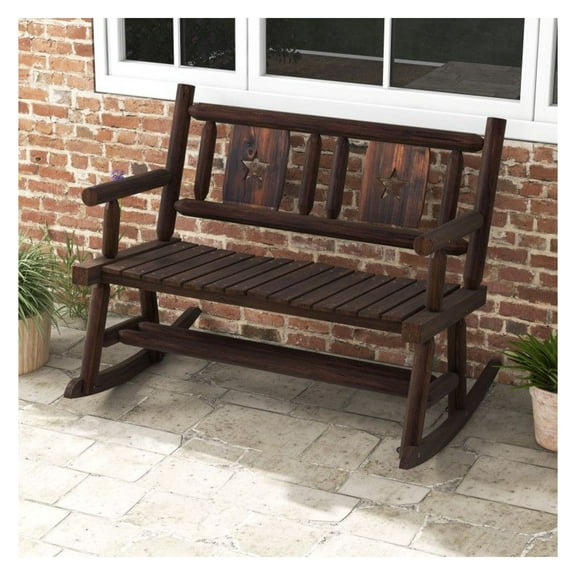 Patio Rocking Bench, Double Rocker Chair with Ergonomic Seat, 2-Person Loveseat for Outdoor Use, Rustic Brown, Fir & Pine Wood, 710lbs Capacity