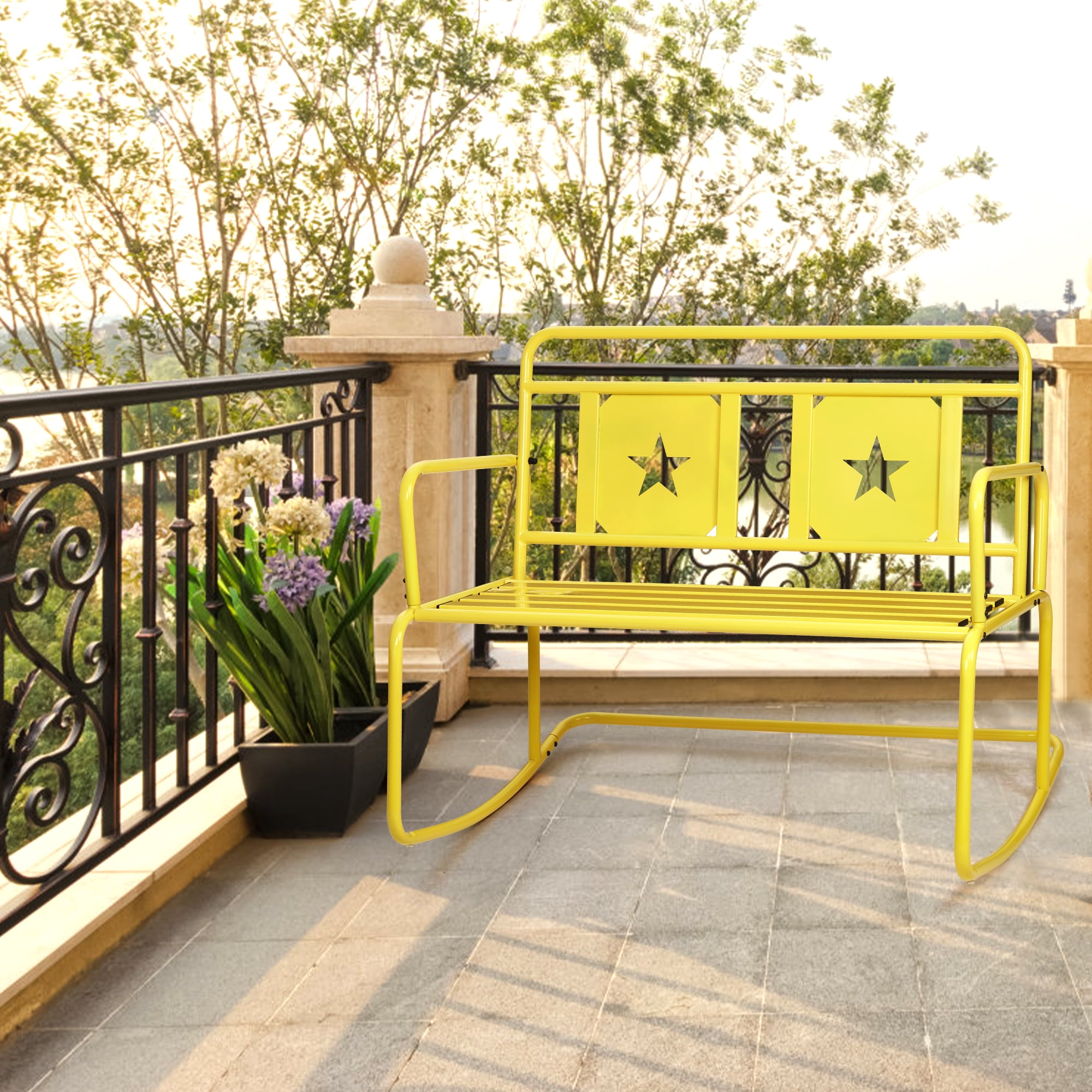 Patio Rocking Chair, 2Person Iron Lawn Chairs with Star Design