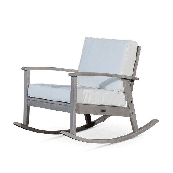 Patio Rocking Chair, Deep Seat Rocker with Thicken Cushion and Backrest, Solid Wood-Framed Chair with Sturdy Curved Base for Living Room,Balcony,Garden, Silver Gray Finish, Cream Cushion